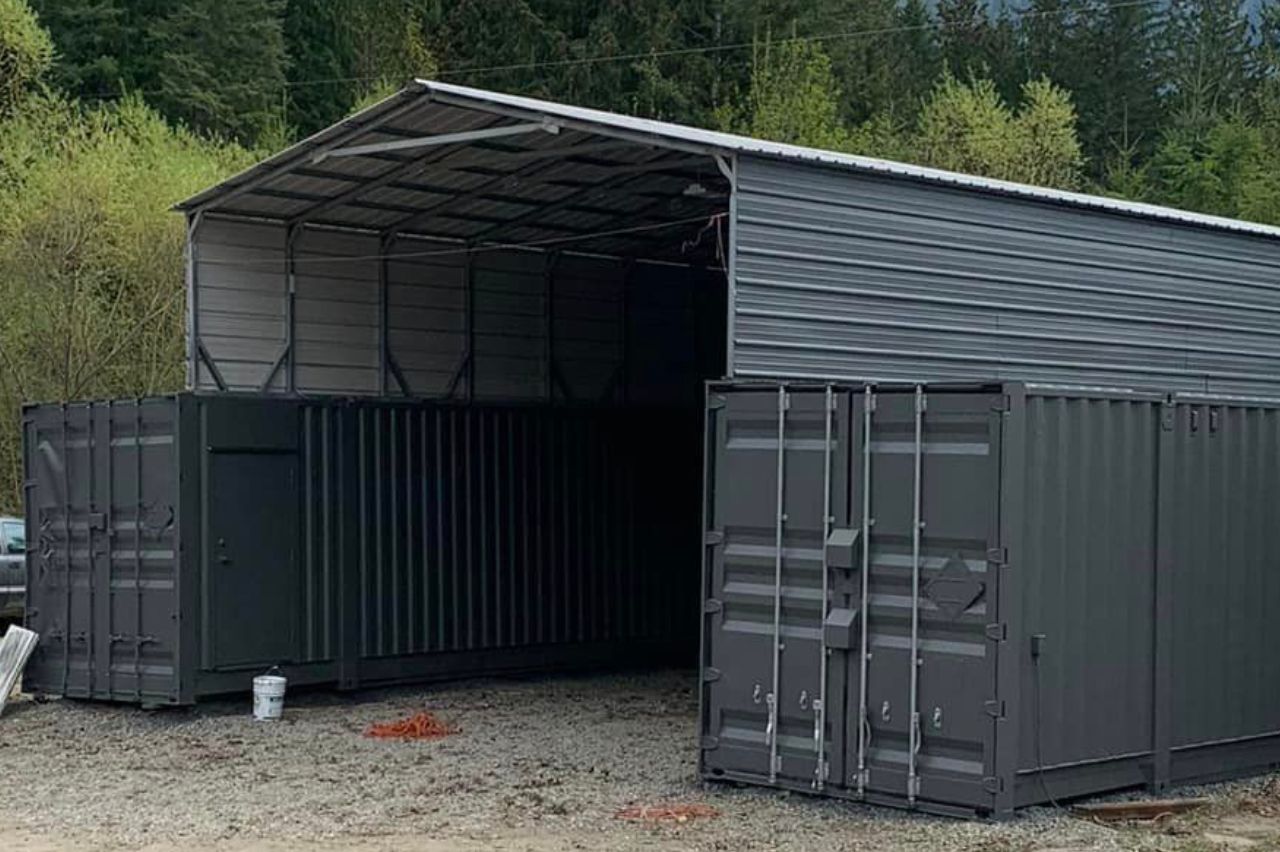Repurposed shipping containers painted and transformed into a commercial garage in the Okanagan.